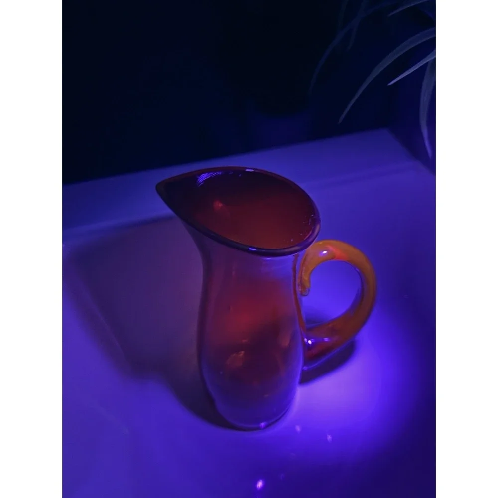 Vintage Small Amberina Glass Hand Blown Glowing‎ Pitcher with Orange Handle 7.5